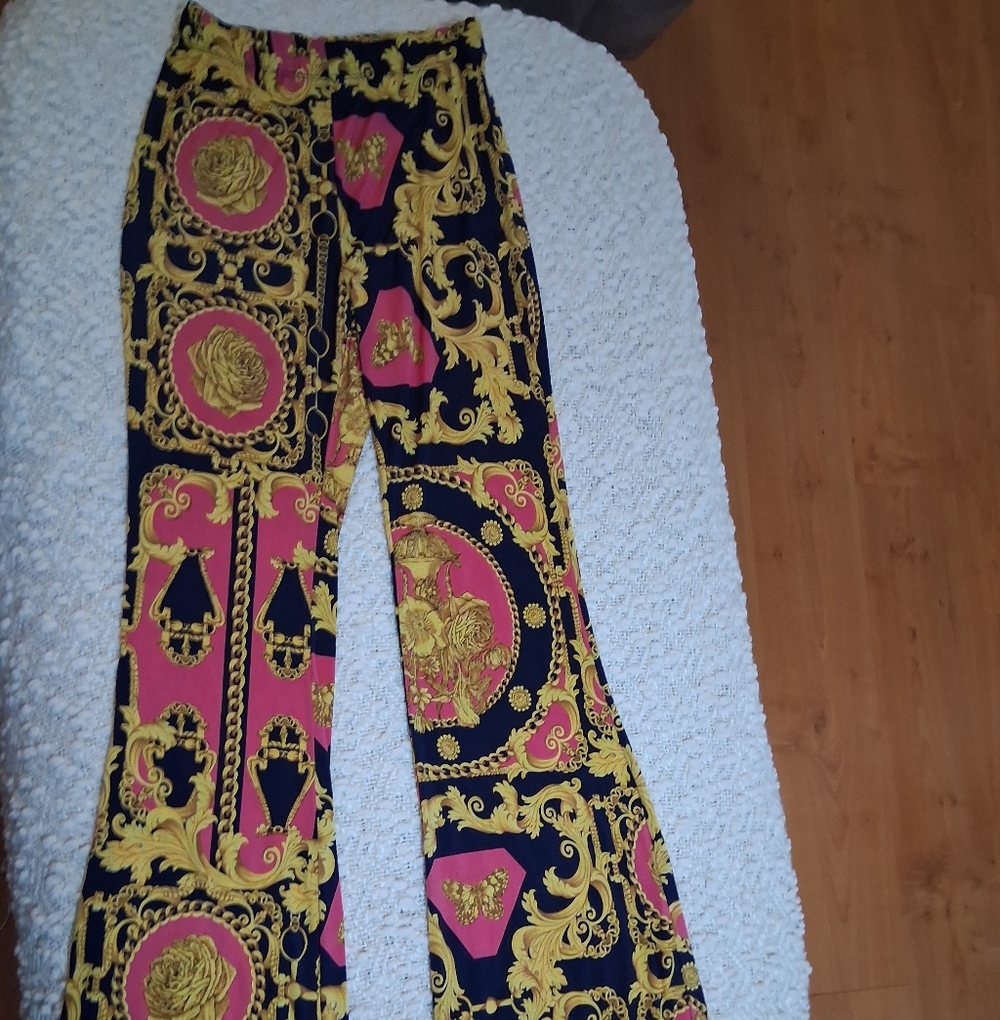 Papaya Gold Baroque & Rose Floral Flare Leg Pants Size Medium
